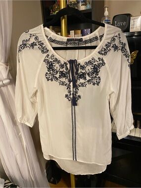 living doll White Blouse with Navy Floral Embroidery